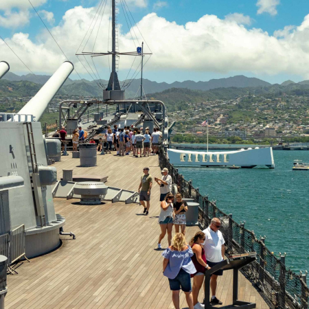 USS Missouri Deck visitors Guns and Arizona Memorial Pearl Harbor Oahu scaled