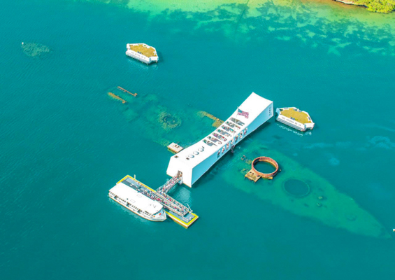 oahu helicopter tour aerial view of the arizona memorial pearl harbor on oahu hawaii slider