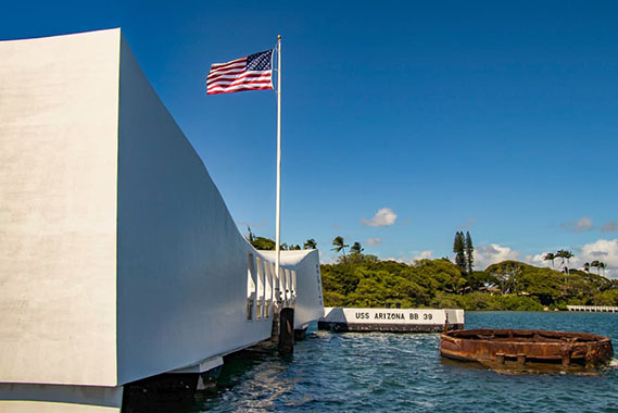 Pearl Harbor Arizona Memorial Exterior Flag and Wreckage